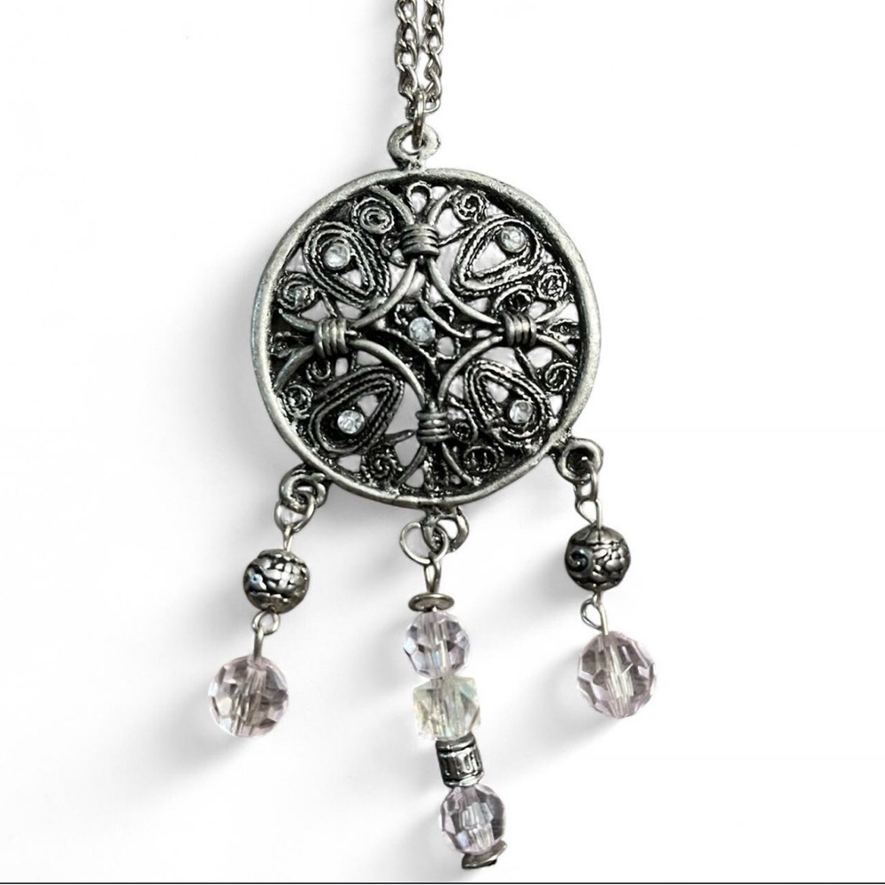 VINTAGE 24" Silver Filigree Pendant Necklace with Lilac Crystal Drops